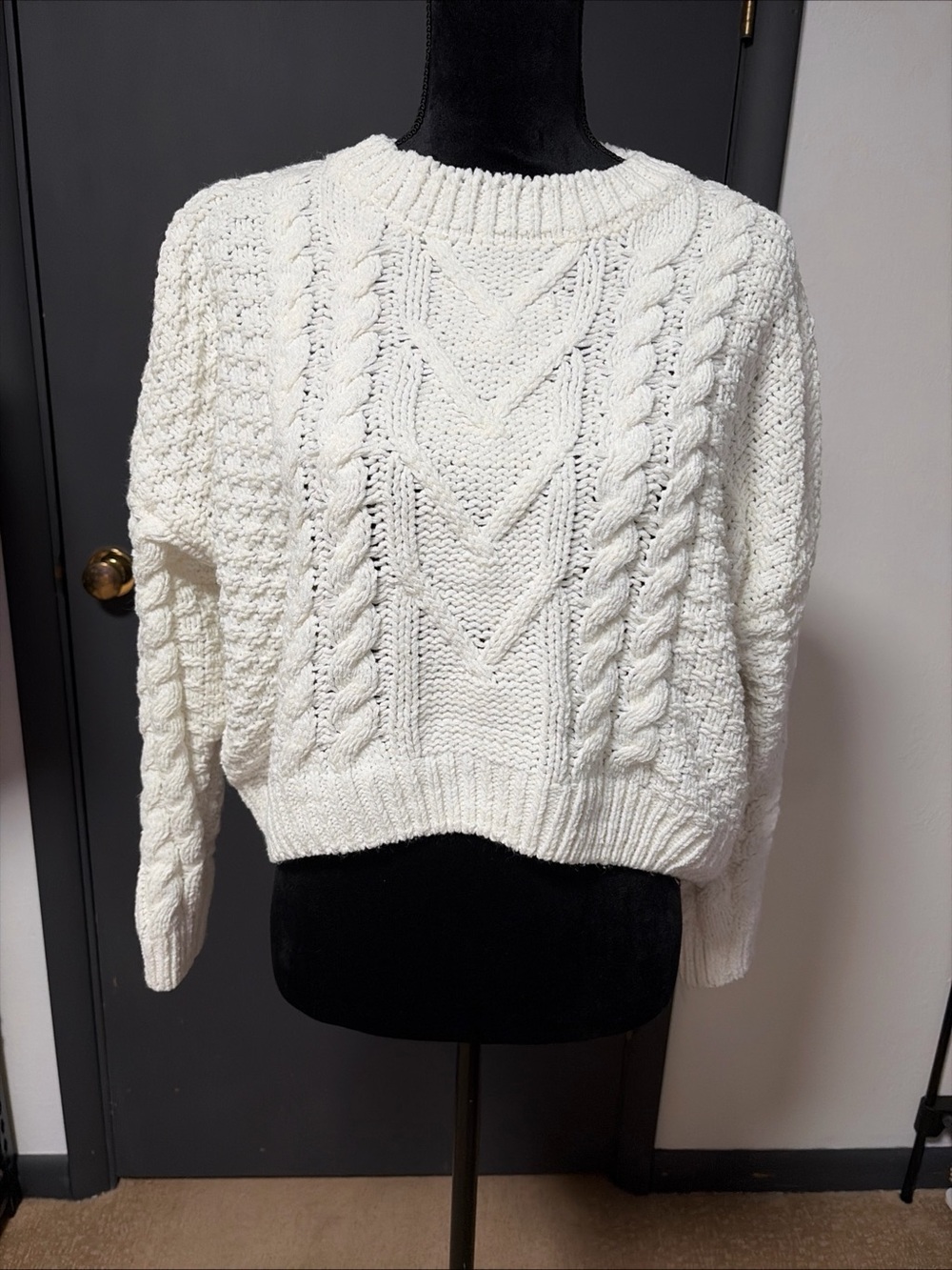 Altar'd State Ivory Cable Knit Crewneck Sweater